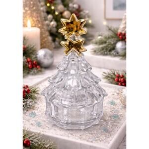 Crystal Christmas Tree Candy Dish w Gold Star Topper Holiday Decor